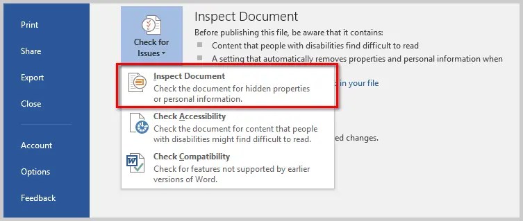 how to open document inspector in word